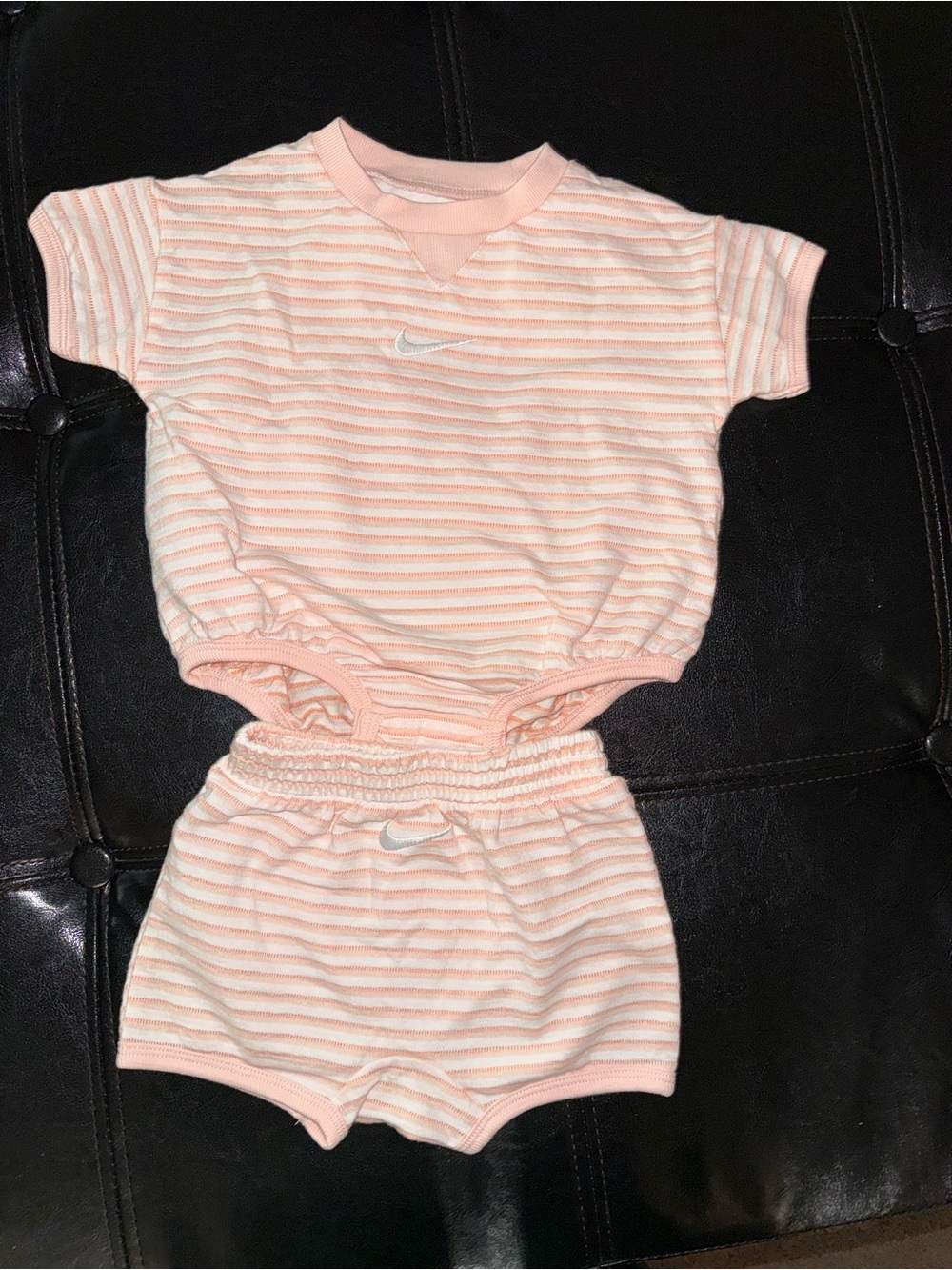 Nike Peach and Cream Striped Baby Tee and Shorts Set